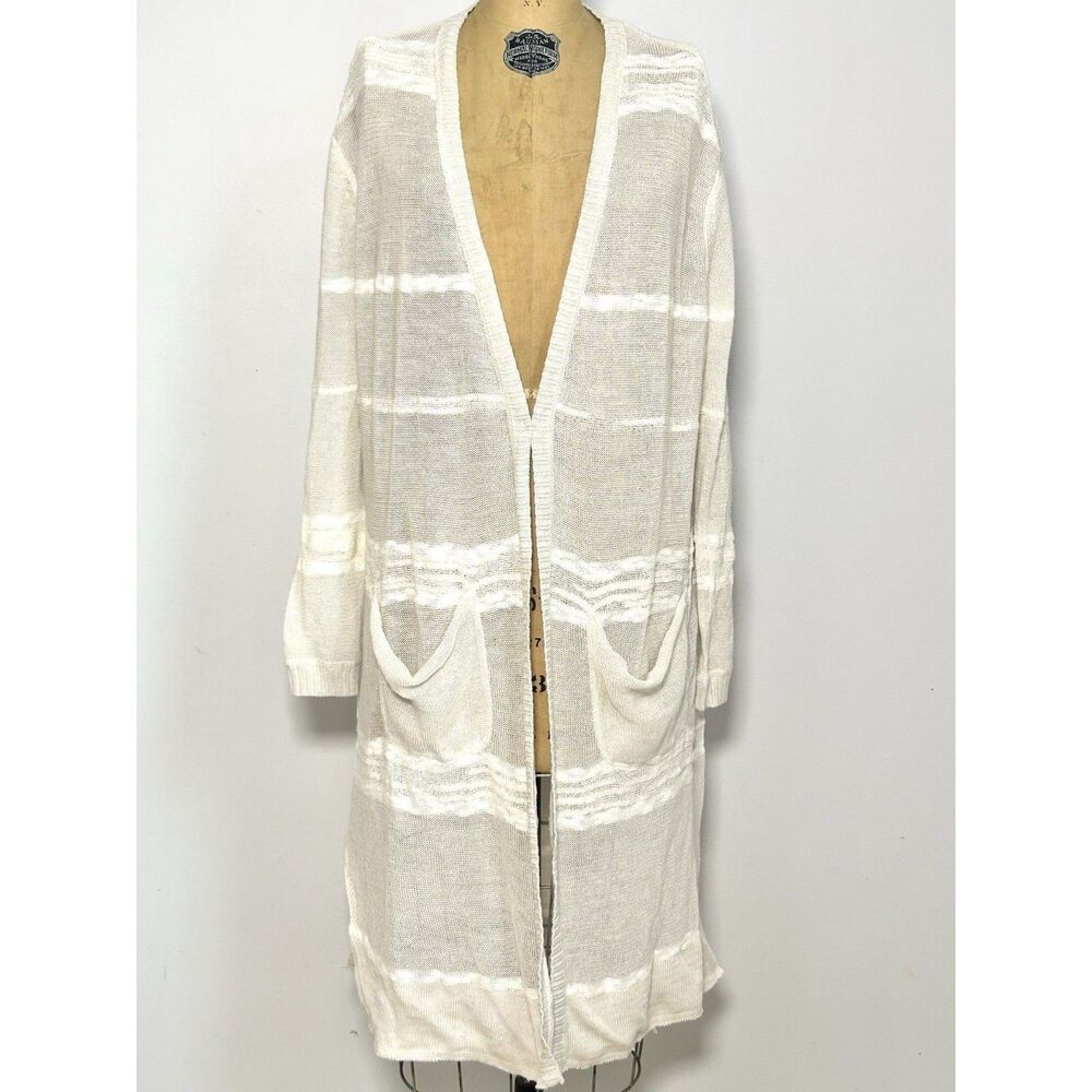 Free People Long Open Knit Cardigan Duster Cotton Linen Blend Cream Boho M